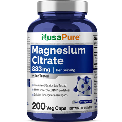 NusaPure Magnesium Citrate 833mg - 200 Veggie Capsules (Vegetarian, Non-GMO, Vegan)