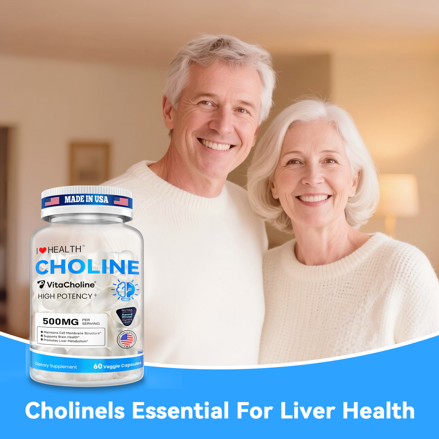 Choline Supplement 500mg with VitaCholine® – Liquid Veggie Capsules for Prenatal & Daily Wellness – 60 Capsules