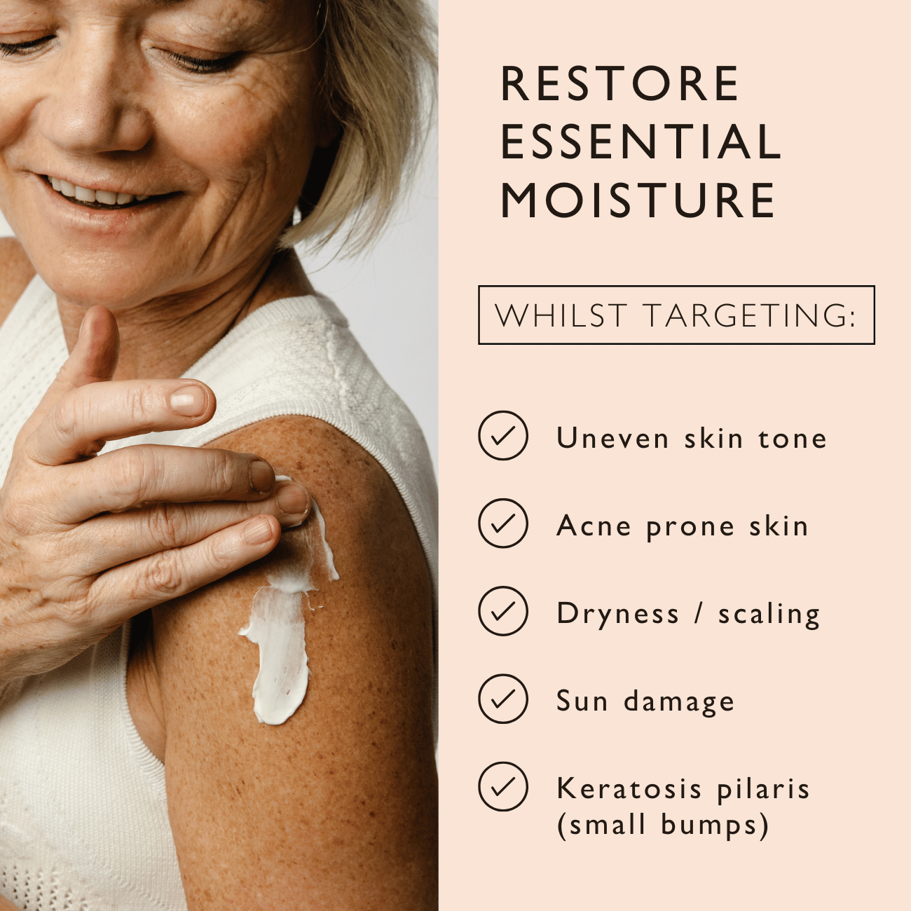 Woman applying cream to her arm with text about skin care benefits on a beige background
