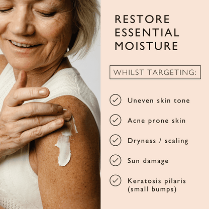 Woman applying cream to her arm with text about skin care benefits on a beige background