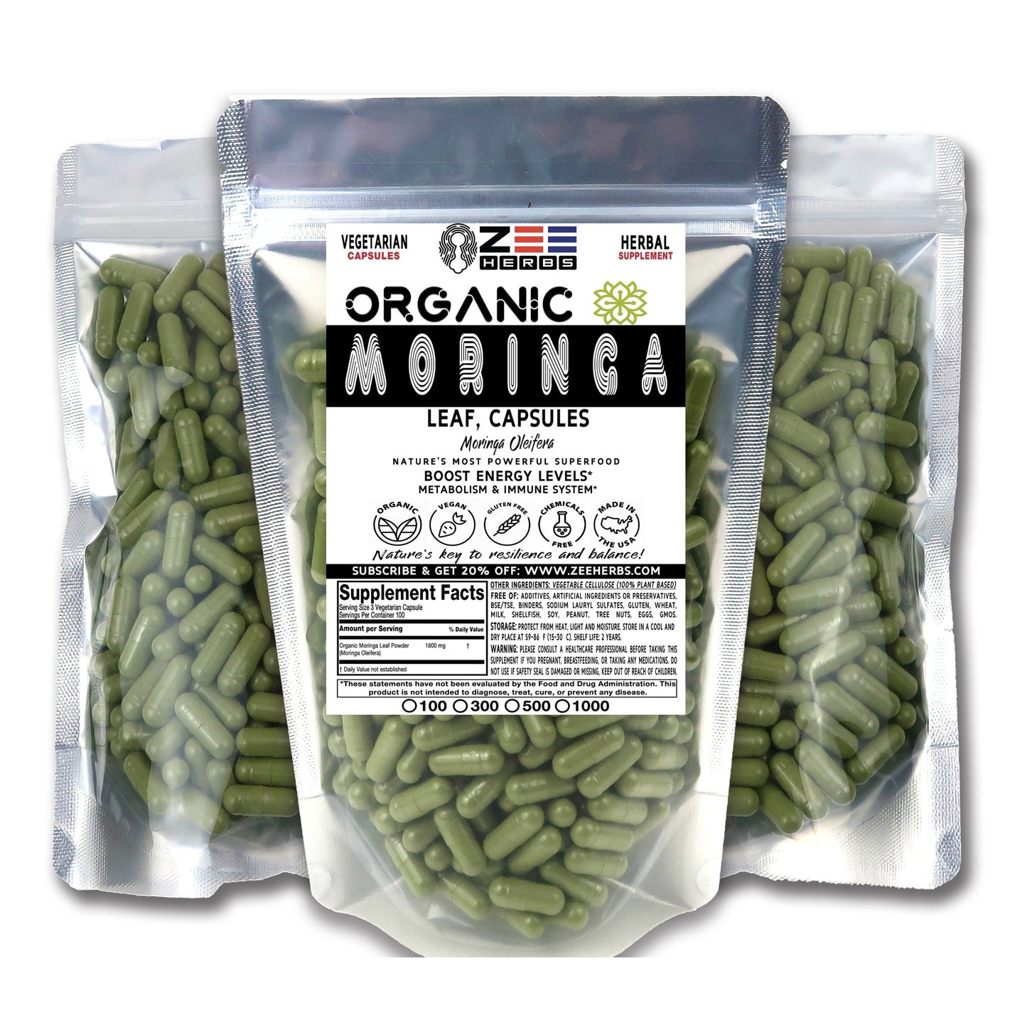 Organic Moringa Capsules 1800mg - High-Potency Superfood for Daily Wellness
