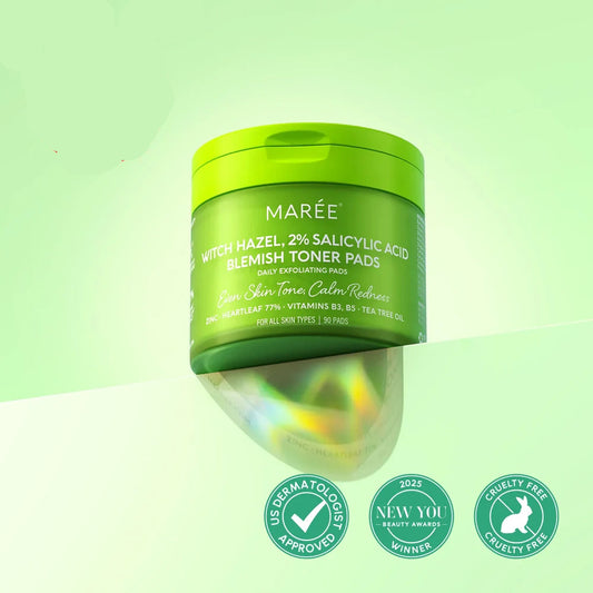 Green jar of Maree skincare product  on a light green background