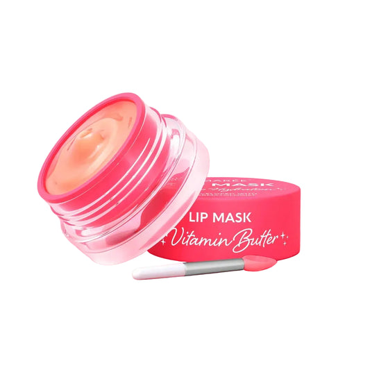 Lip mask with pink container and applicator on a white background