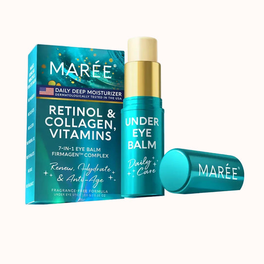 Marée under eye balm with packaging and label on a light purple background