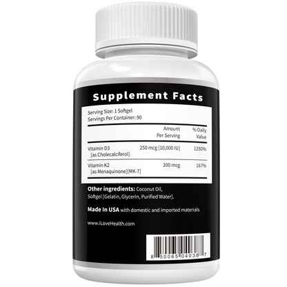 Vitamin D3 10,000 IU with K2 (MK-7) – Bone, Heart & Daily Wellness Supplement – 90 Softgels