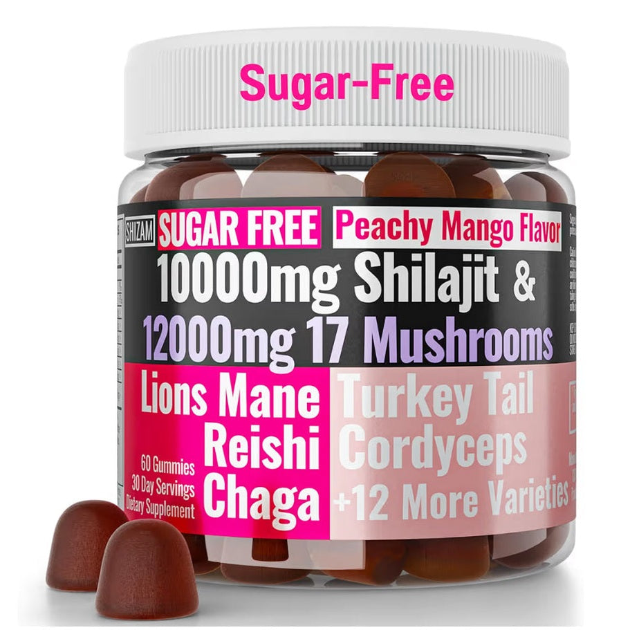 Shilajit + 17 Mushroom Complex Gummies 🍄 | 22,000mg All-in-One Energy & Immunity Booster 💪 | Sugar-Free Peach Mango Flavor 🍑