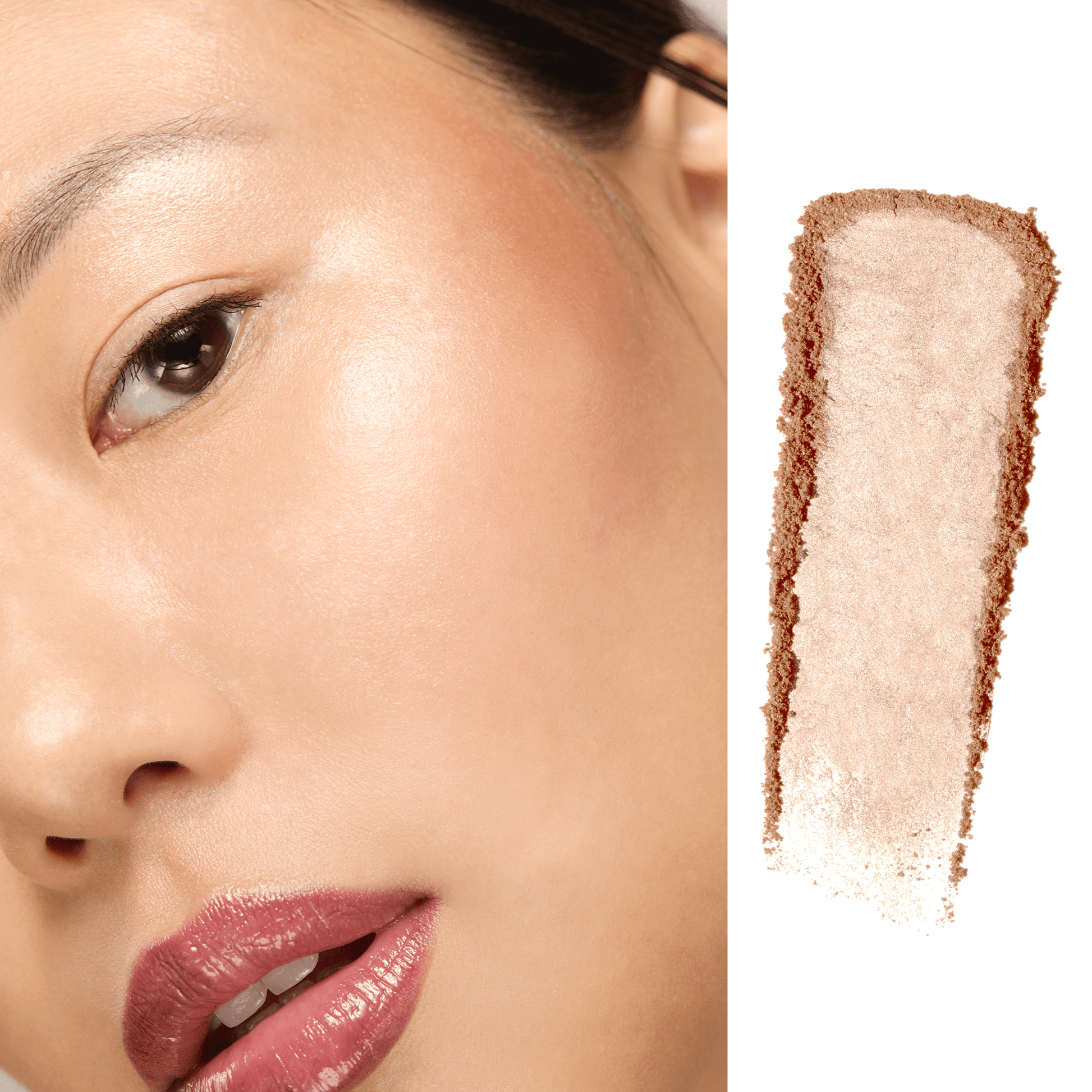 Close-up of a person's face with a swatch of makeup color on a white background