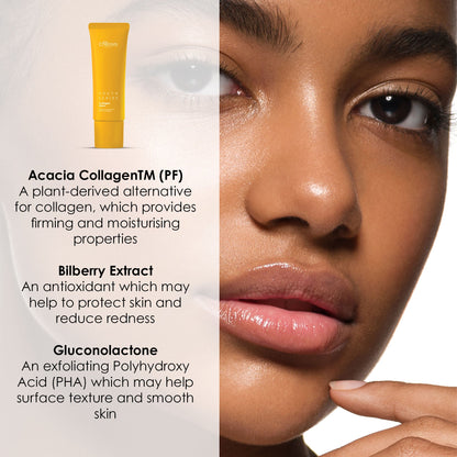 Product packaging with text about Acacia CollagenTM, Bilberry Extract, and Gluconolactone on a white background.
