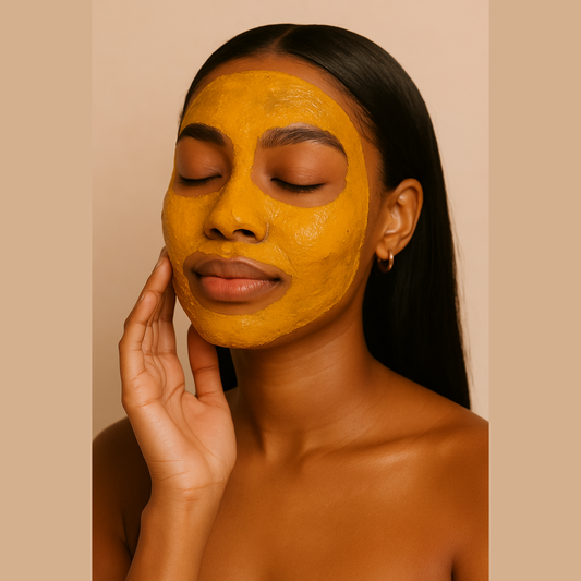 Woman applying a yellow facial mask on a beige background