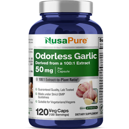 NusaPure Odorless Garlic 100:1 Extract, 50 mg Capsule | 120 Veggie Caps | High Potency | Herbal Supplement | Non-GMO