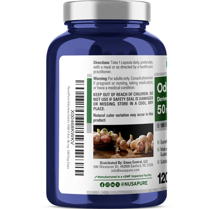 NusaPure Odorless Garlic 100:1 Extract, 50 mg Capsule | 120 Veggie Caps | High Potency | Herbal Supplement | Non-GMO