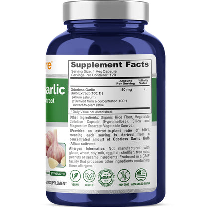 NusaPure Odorless Garlic 100:1 Extract, 50 mg Capsule | 120 Veggie Caps | High Potency | Herbal Supplement | Non-GMO