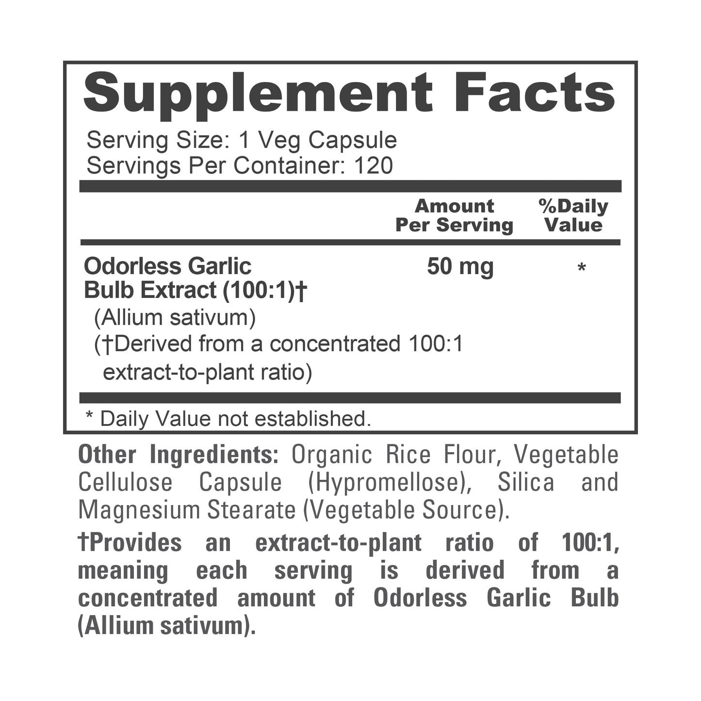 NusaPure Odorless Garlic 100:1 Extract, 50 mg Capsule | 120 Veggie Caps | High Potency | Herbal Supplement | Non-GMO