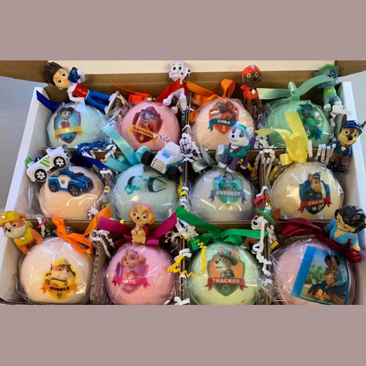 12 XL Bath Bomb Fizzies with surprise Paws Patrol figure inside, handmade, natural ingredients, fruity, kid-friendly scents