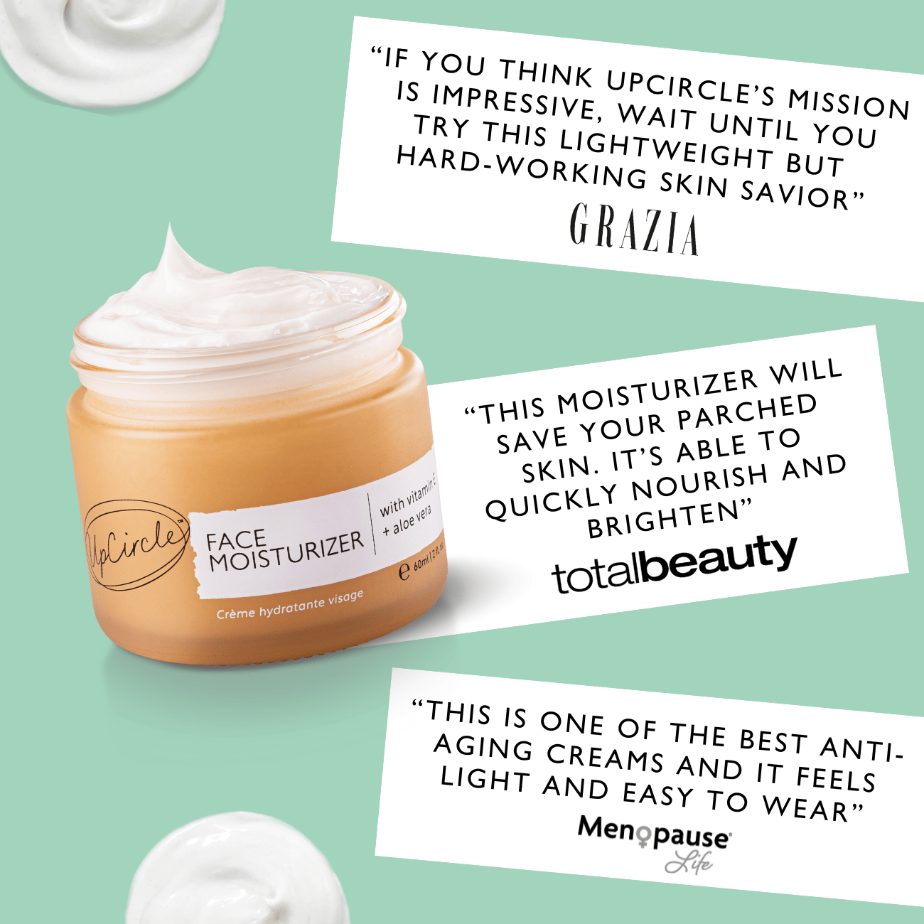 Jar of face moisturizer with positive reviews on a green background
