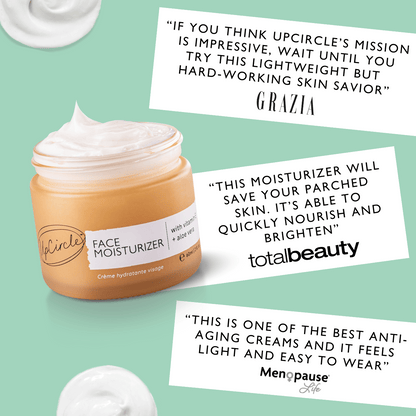 Jar of face moisturizer with positive reviews on a green background