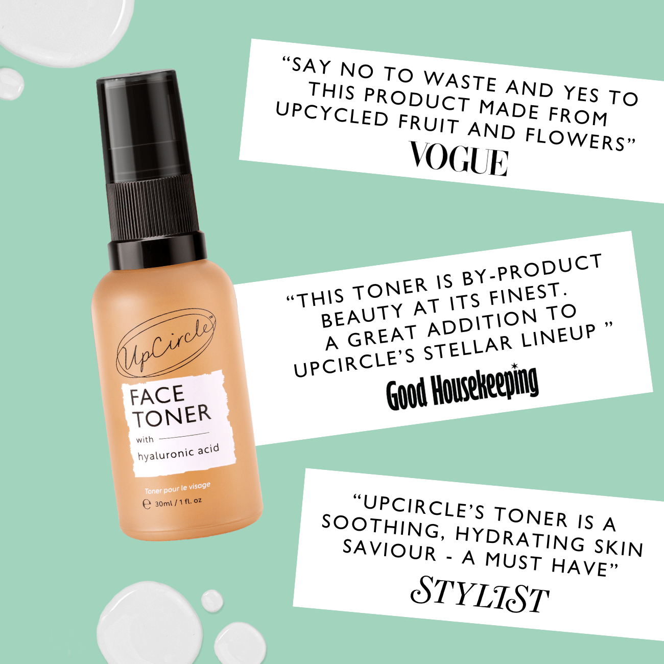 Upcircle Face Toner bottle with positive reviews on a green background