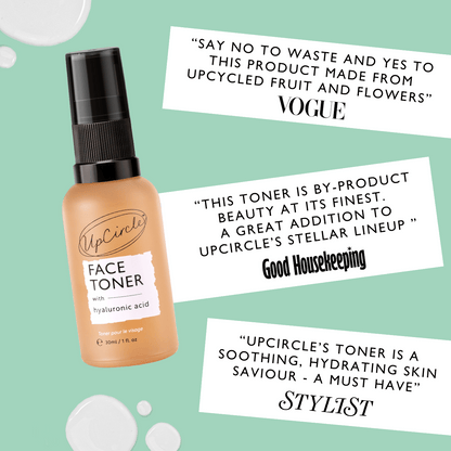 Upcircle Face Toner bottle with positive reviews on a green background