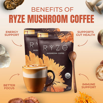 2 Pack Ryze Organic Mushroom Coffee W/ 1 RYZE Spoon 100% Authentic FREE SHIPPING