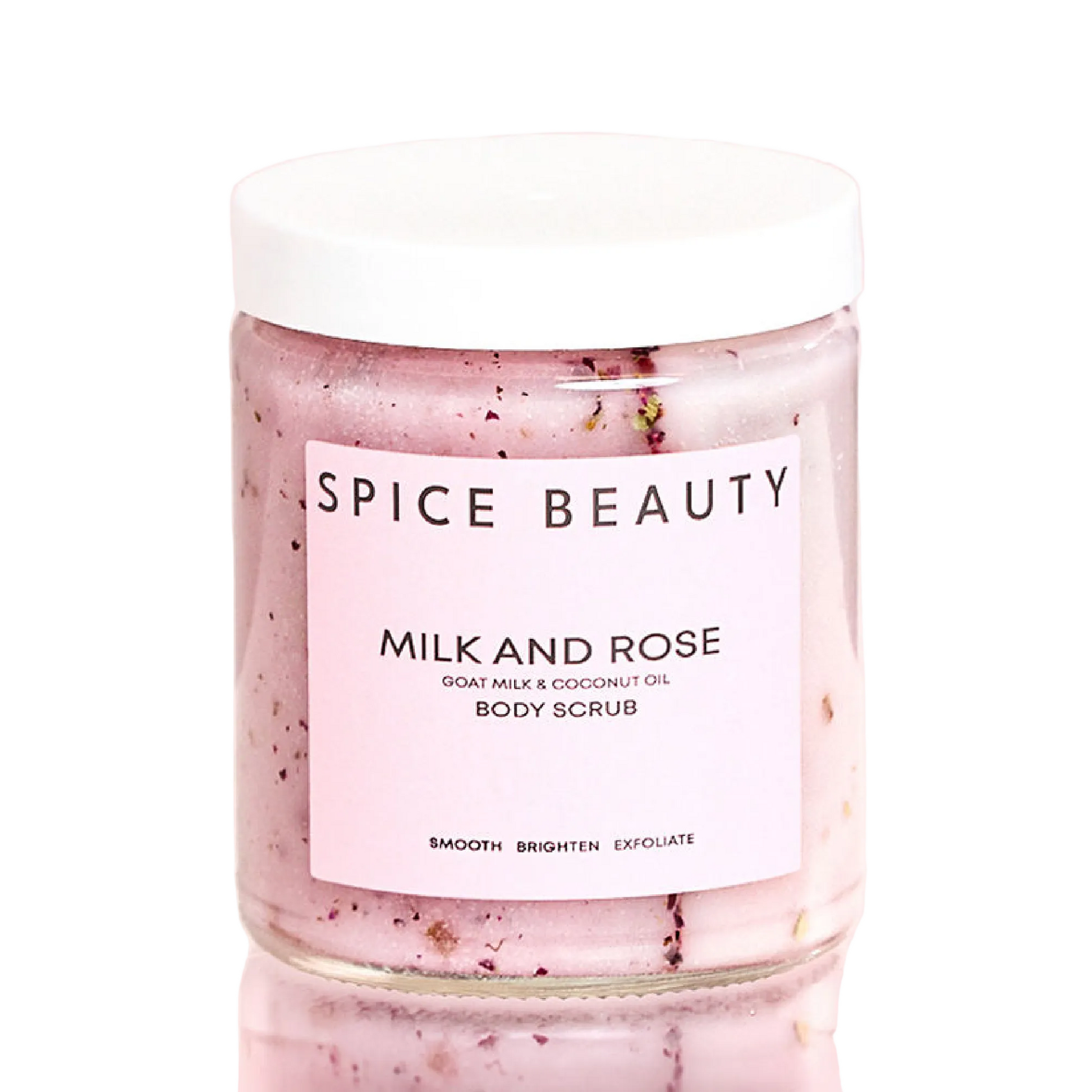 Jar of Spice Beauty Milk and Rose body scrub on a white background