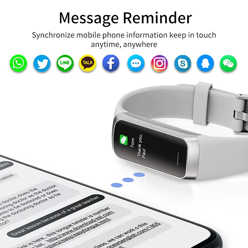 Smartwatch with message reminder feature displayed on a smartphone screen, showing social media icons.