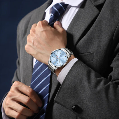 PENGAGAR Luxury Watch For Man Waterproof Luminous Date Week Stainless Steel Men Watch Casual Quartz Men's Watches Male Clock+box