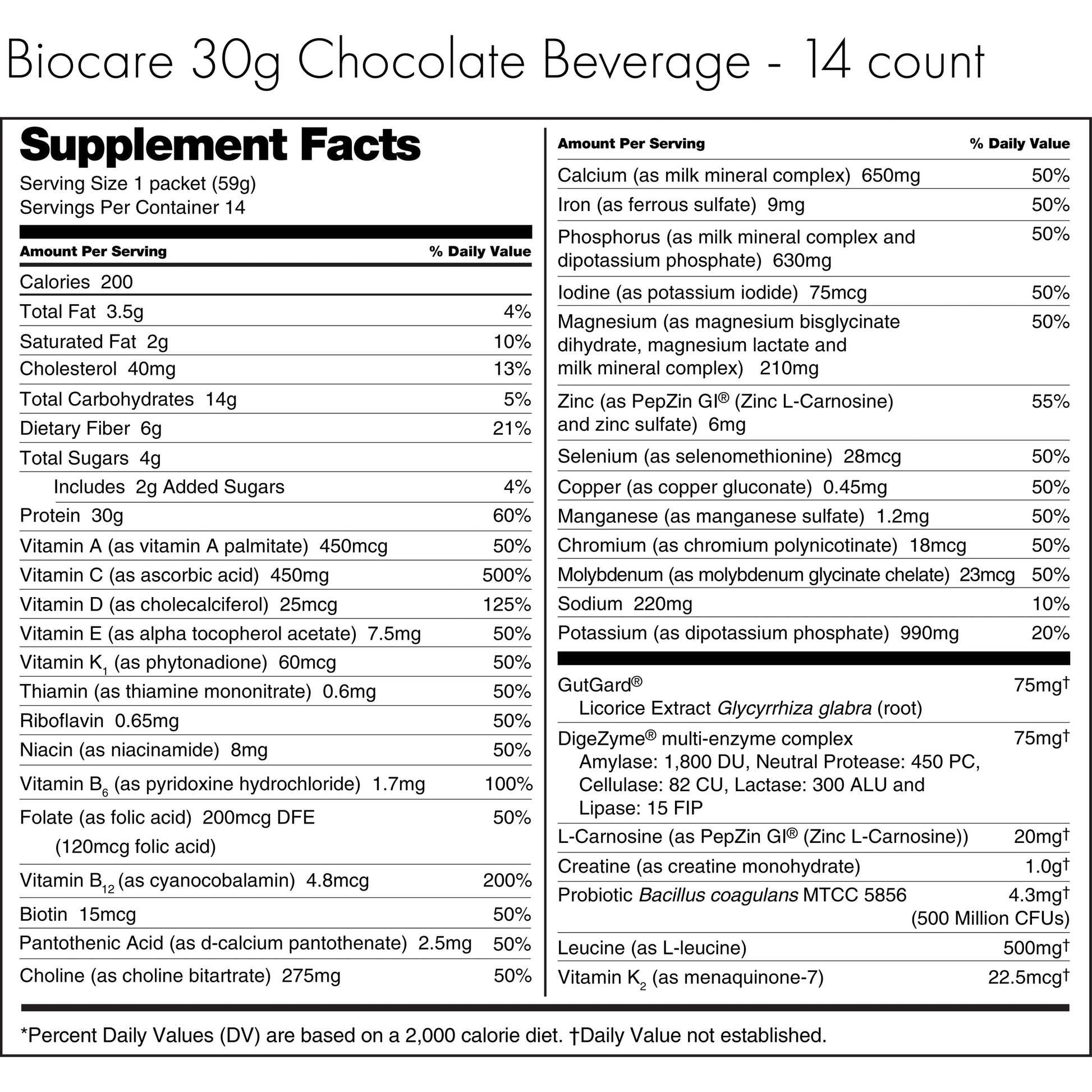 30G Protein Chocolate Biocare Dietary Beverage 14-Count
