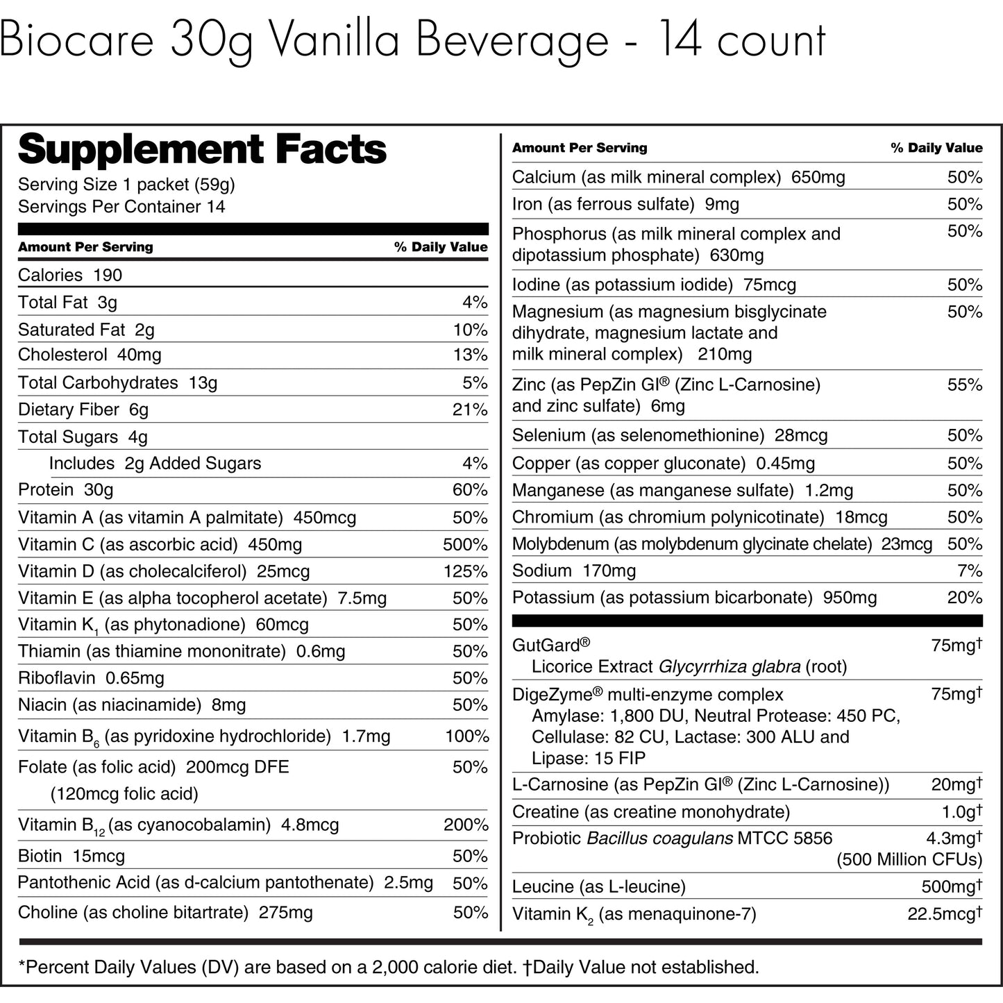 30G Protein Vanilla Biocare Dietary Beverage 14 Servings