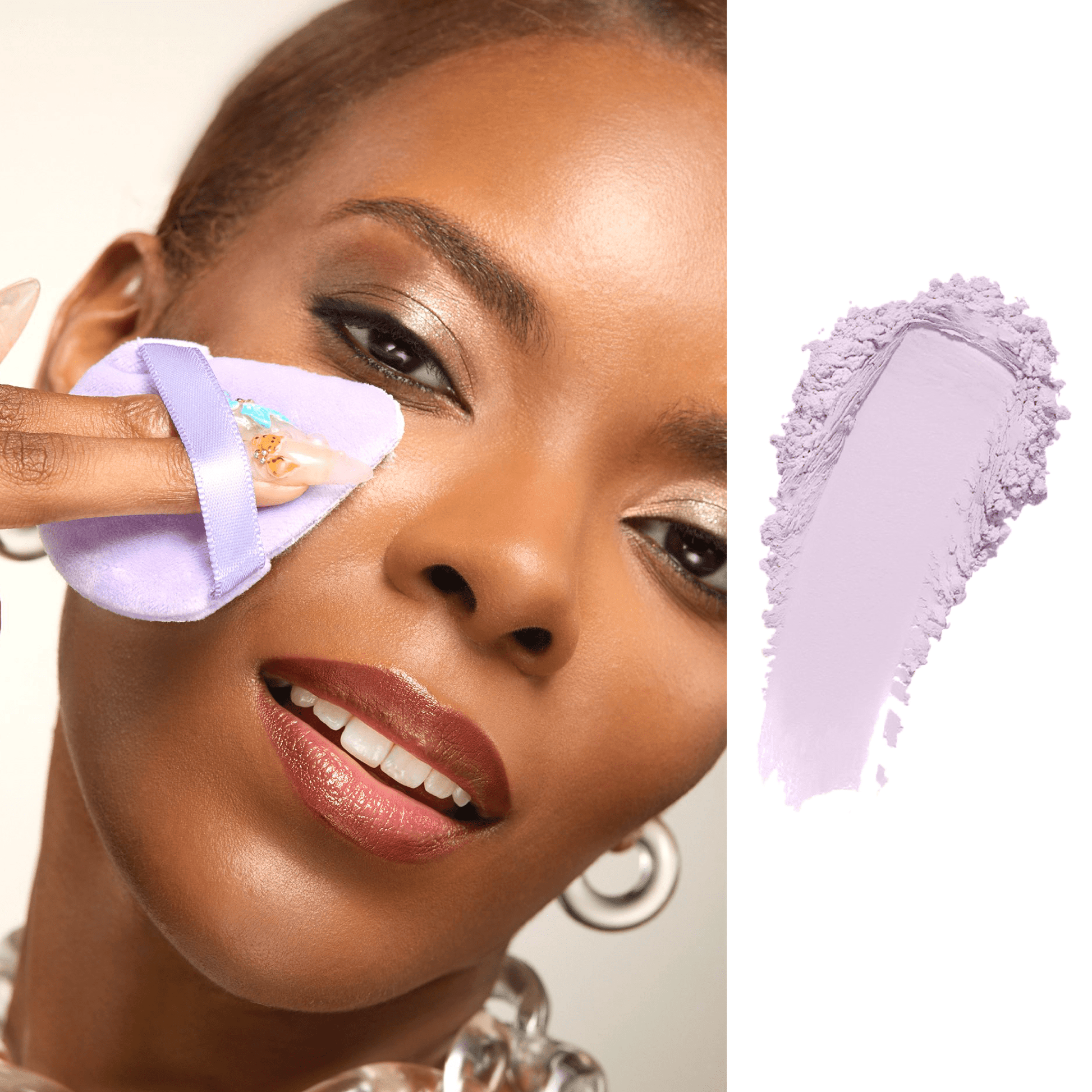 Woman applying makeup with a purple brush and close-up of the brush on a white background