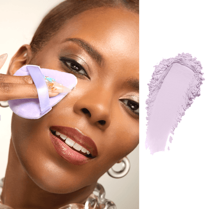 Woman applying makeup with a purple brush and close-up of the brush on a white background