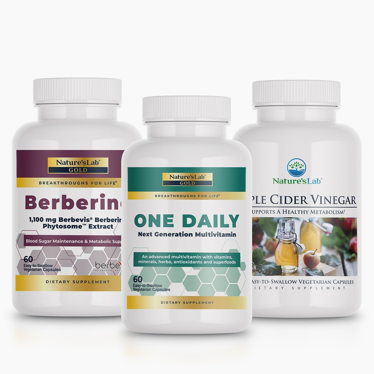 Three Nature's Lab dietary supplement bottles on a white background