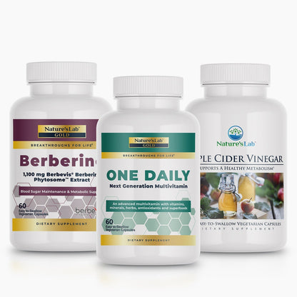 Three Nature's Lab dietary supplement bottles on a white background