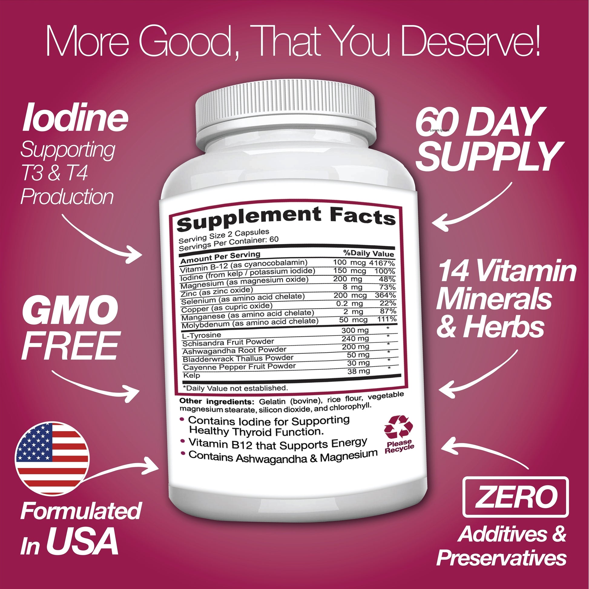Supplement bottle with label on a pink background, highlighting features like iodine support and GMO-free status.