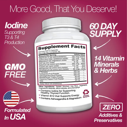 Supplement bottle with label on a pink background, highlighting features like iodine support and GMO-free status.
