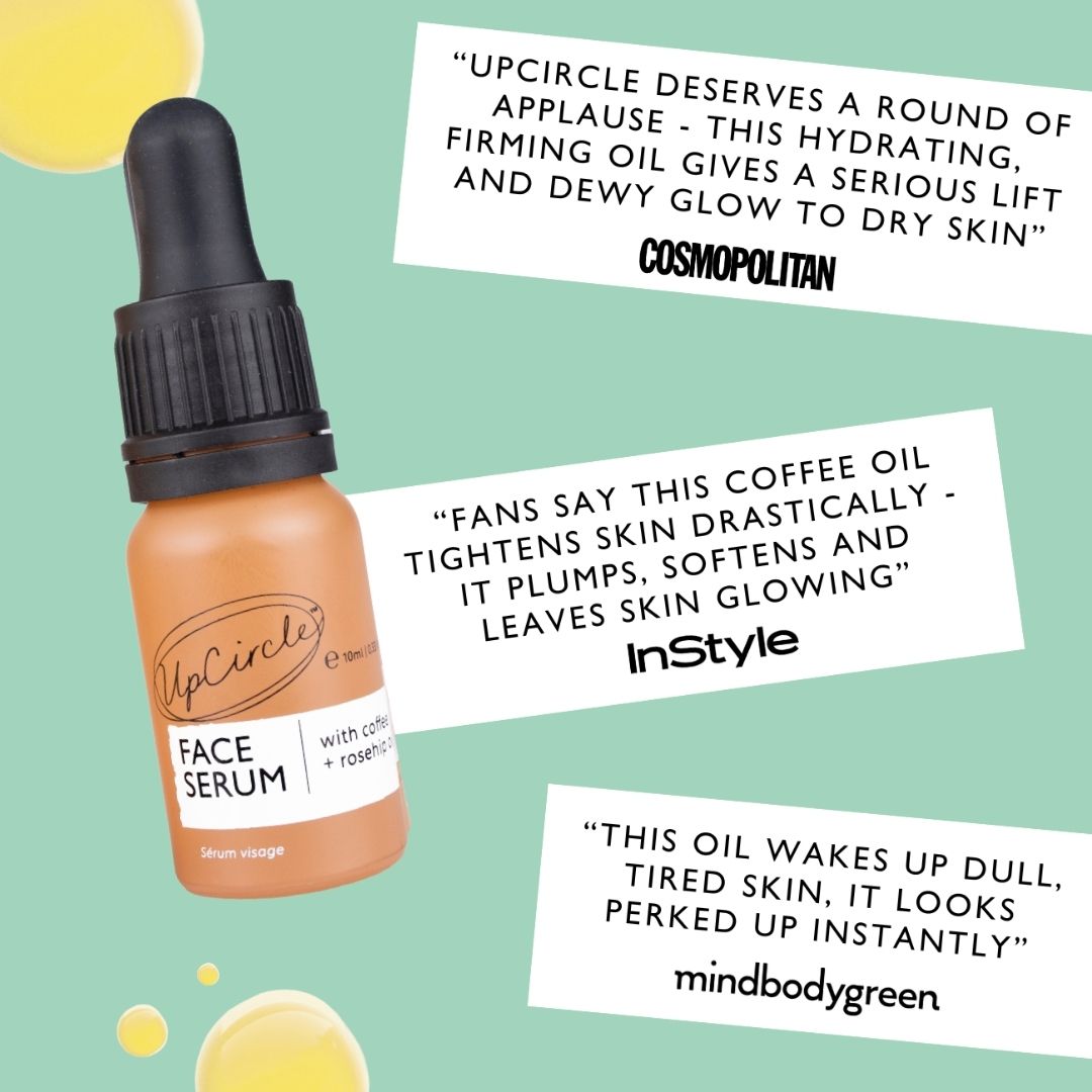 UpCircle Face Serum bottle with positive reviews on a light green background