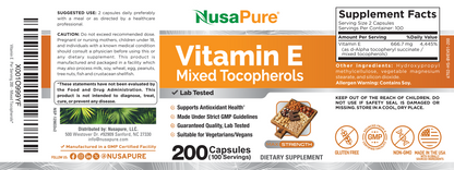 NusaPure Vitamin E Mixed Tocopherols - Suitable for Vegetarian/Vegan, Non - GMO - 1000 IU 200 Tablets