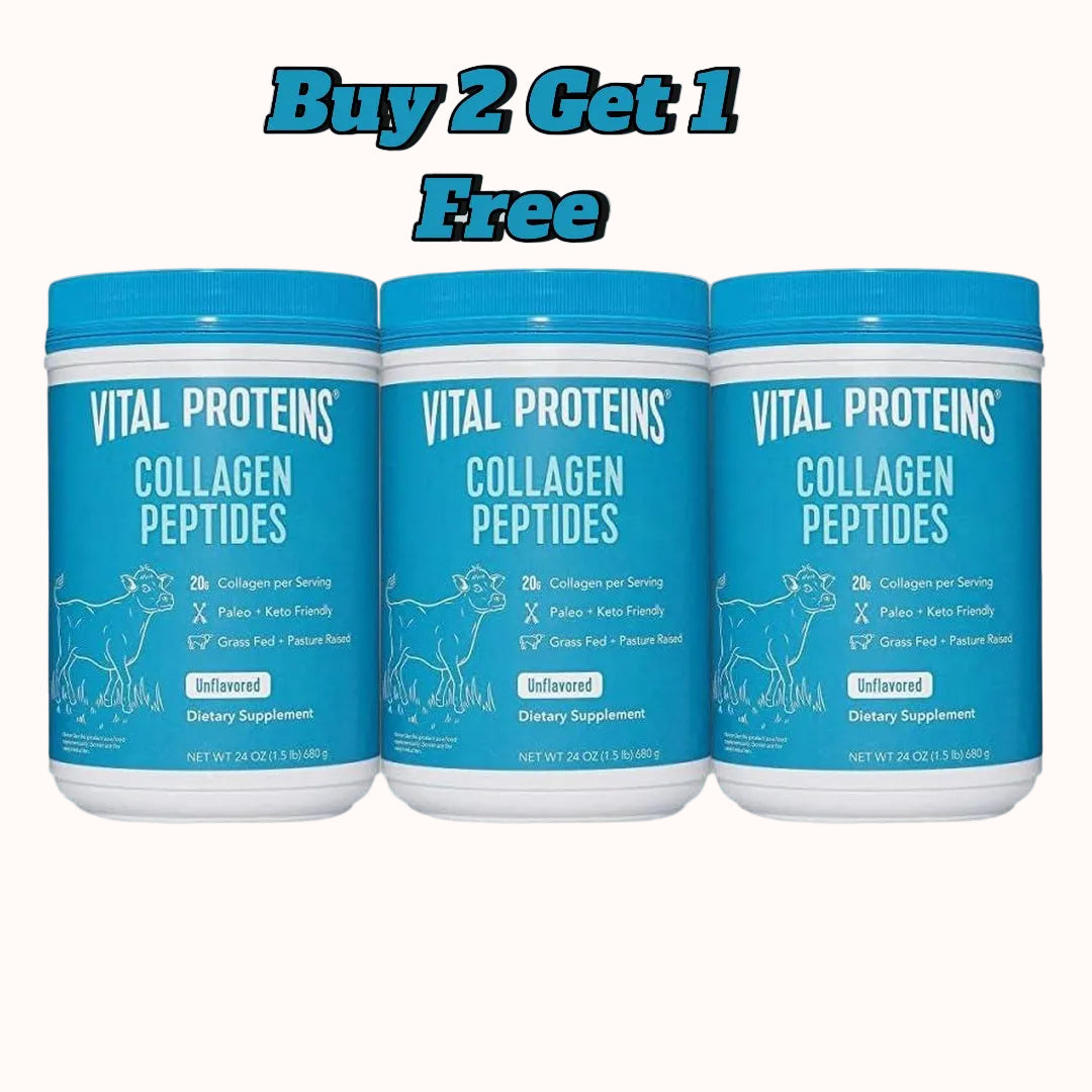 Three containers of Vital Proteins Collagen Peptides with promotional text.