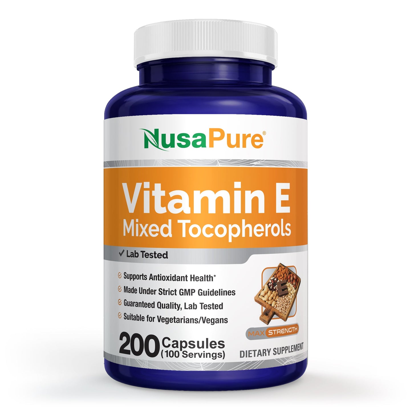 NusaPure Vitamin E Mixed Tocopherols - Suitable for Vegetarian/Vegan, Non - GMO - 1000 IU 200 Tablets