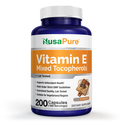 NusaPure Vitamin E Mixed Tocopherols - Suitable for Vegetarian/Vegan, Non - GMO - 1000 IU 200 Tablets