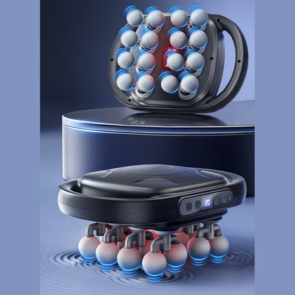 Black handheld device with spherical components on a blue background