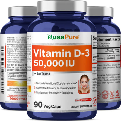 NusaPure Vitamin D3 50,000 IU 90 Vegetarian Capsules (Non-GMO)