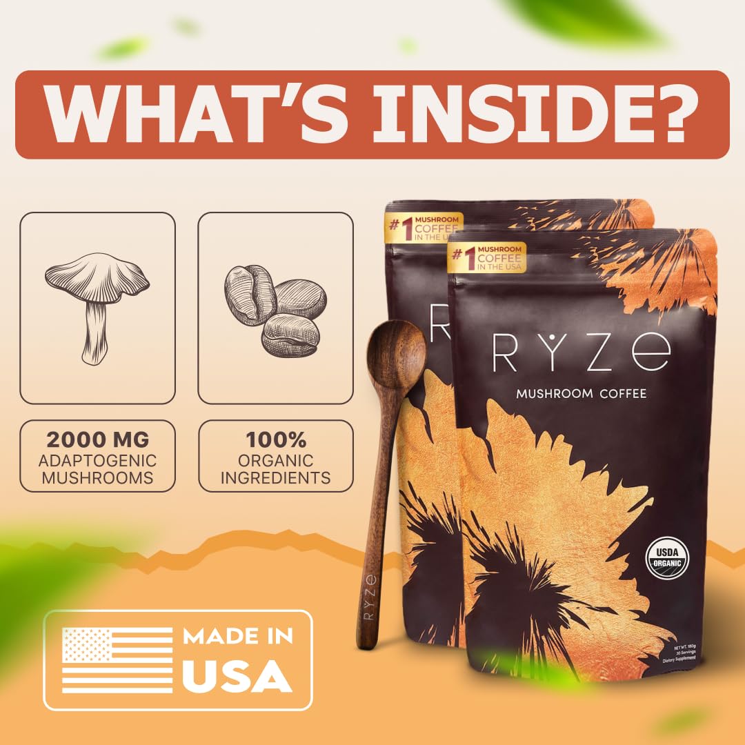 2 Pack Ryze Organic Mushroom Coffee W/ 1 RYZE Spoon 100% Authentic FREE SHIPPING