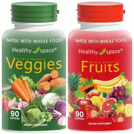 Two supplement bottles labeled 'Veggies' and 'Fruits' from Healthy Space on a white background.