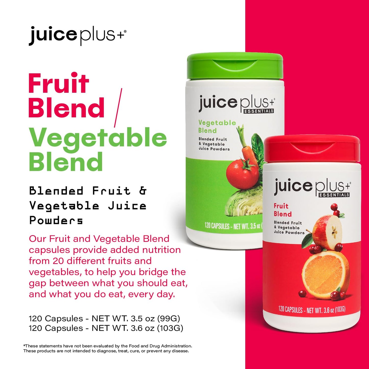 Juice Plus+ Fruit & Vegetable Blend - Fruit and Vegetable Supplement - Whole Food Ingredients like Kale, Beet, Cranberry and More - Vegan, Non-GMO - 2 Bottles (120 Capsules Each)