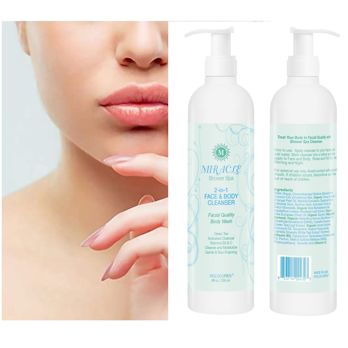 Miracle Shower Spa 2-in-1 Face and Body Cleanser w/Green Tea, Activated Charcoal, 8 oz