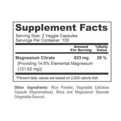 NusaPure Magnesium Citrate 833mg - 200 Veggie Capsules (Vegetarian, Non-GMO, Vegan)