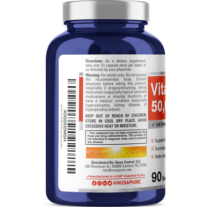 NusaPure Vitamin D3 50,000 IU 90 Vegetarian Capsules (Non-GMO)
