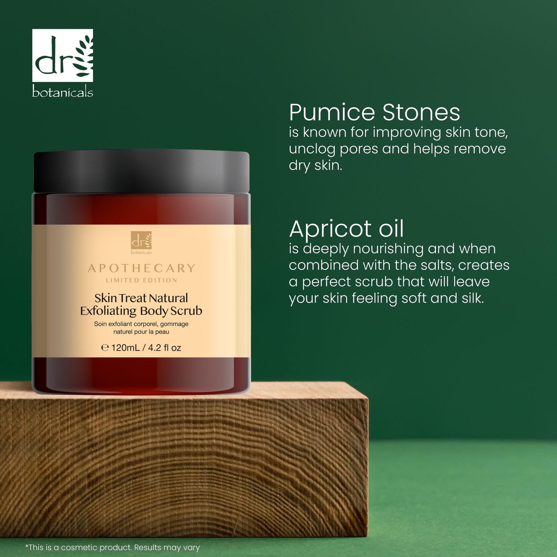 Jar of Apothecary Skin Treat Natural Exfoliating Body Scrub with text about pumice stones and apricot oil on a green background.