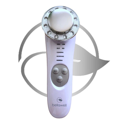 White facial massager with control buttons and 'bellawell' branding on a white background
