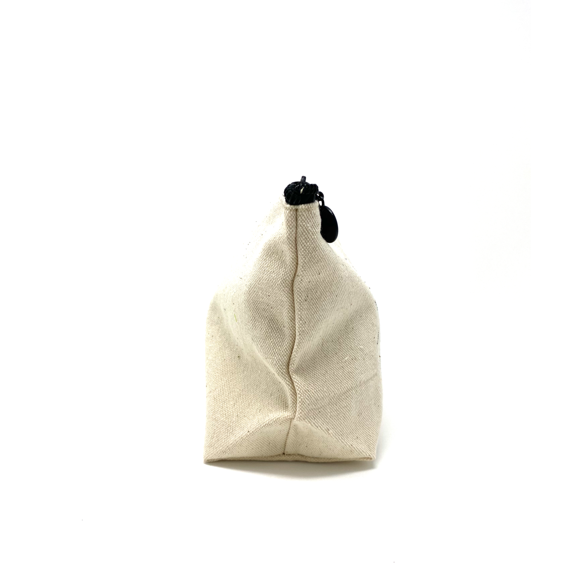 Beige fabric pouch with a black clip on a white background